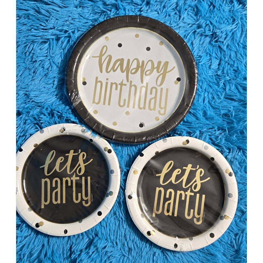 321 Party! Birthday Paper Plates 8ct Dinner + 2-8ct Cake White Black Gold Dot